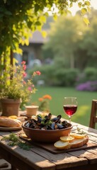 Rustic Outdoor Table Set with Mussels, Bread, and Red Wine in Garden