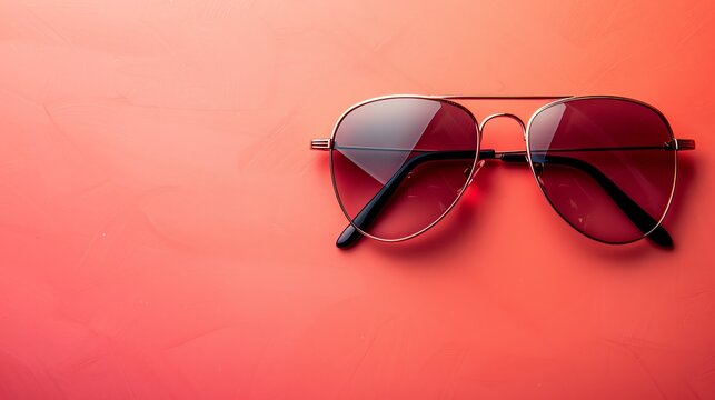 A pair of aviator sunglasses on a red background.