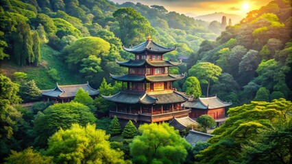 Vintage Style Photography of Hangzhou City God Temple Surrounded by Lush Green Forest, Serene Atmosphere, Traditional Architecture, Tranquil Nature, Cultural Heritage, Scenic Beauty