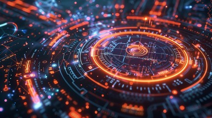 Futuristic head up display - hud - interface showcasing complex data analysis with glowing orange and blue lines, representing advanced technology and data visualization