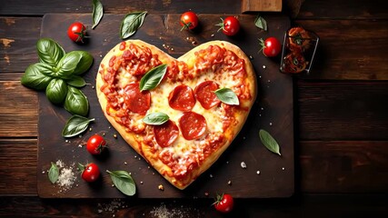 Heart shaped pepperoni pizza decorated with fresh basil leaves. Valentines day menu concept