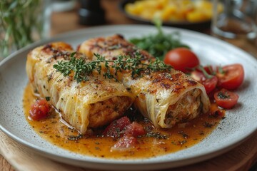 Two Cabbage Rolls with Herbs and Tomatoes in a Brown Sauce