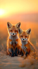 Fototapeta premium A Duo of Desert Foxes Enjoying the Sunlit Desert Terrain