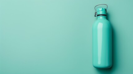 A teal water bottle with a silver lid on a teal and pink background.