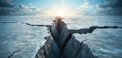 A massive crack in the earth on a barren, flat landscape, with sun rays shining through the cracks in the cracked ground, highlighting intricate textures. 