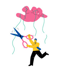 Human puppet release, business man liberation, Hand using scissors to cut controlled strings. Flat vector illustration isolated on white background
