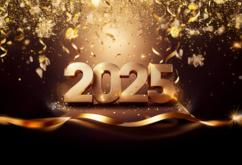 Golden "2025" numerals stand on a dark background with sparkling gold confetti and a ribbon.