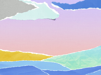 Abstract artistic creative collage with torn deckled paper edges in calm pastel color palette. Fields and meadows with textured copy space. Analog aesthetic art technique