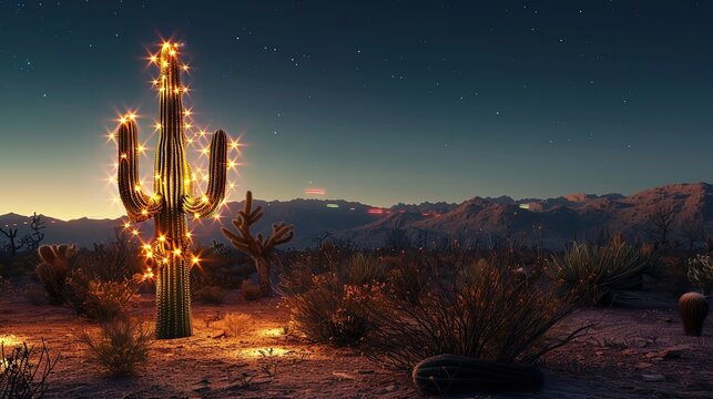 Saguaro Cactus with Christmas Lights in the Desert at Night