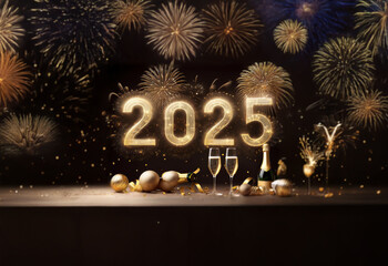 Golden 2025 sparkles against a dark background of fireworks, champagne flutes, and confetti.