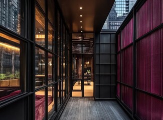 Minimalist urban home in Chicago featuring black steel and burgundy glass.