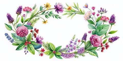 Watercolor Floral Wreath with Lavender, Clover, Wildflowers, and Berries - Hand-Drawn Vector Illustration for Fashion and Design Projects