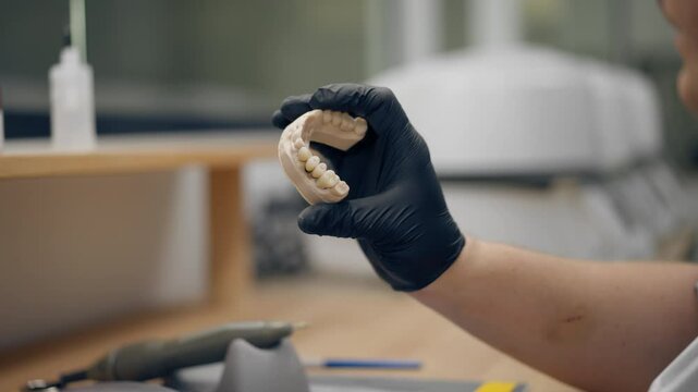 close up professional laboratory for the production of dental protoses veneers and crowns a specialist adjusts a crown to the shape of a person's jaw gums professional equipment