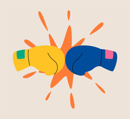 Yellow and blue boxing gloves. Fighting boxing sport. Fight match. Colorful vector illustration