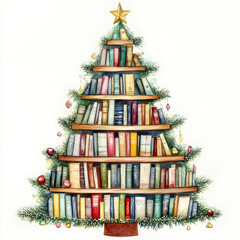 A drawing of a Christmas tree made of stacked books, each layer arranged with care, creating a festive shape and a cozy, creative holiday display.