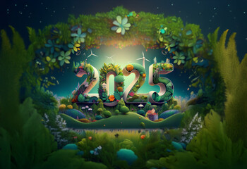 A vibrant green 3D image of 2025 surrounded by lush vegetation and flowers. The scene is illuminated by a bright light shining through a gap in the foliage.