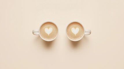 Fototapeta premium Two cappuccino cups with beautifully crafted heart-shaped foam sit side by side on a light pastel surface, evoking warmth and comfort in a relaxed café atmosphere