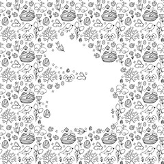 Hand drawn set of Happy easter doodle illustration. Easter bunny, chick, eggs, branches, tulips in sketch style. Design for card template, holiday decorations