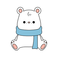 A cute white bear with a blue scarf around its neck