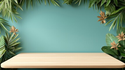A wooden tabletop framed by lush tropical leaves against a teal background, perfect for showcasing products or decor.