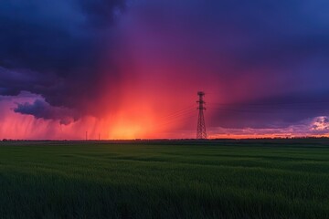 Obraz premium A dramatic sunset illuminates a stormy sky over a green field, with a power line tower silhouetted against vibrant colors.