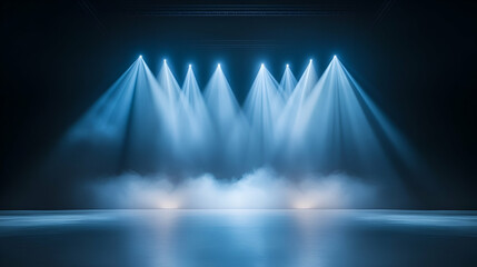 Dramatic concert stage with spotlights and laser lighting show and atmospheric smoke