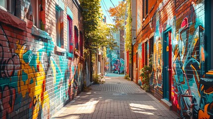 Fototapeta premium A narrow alleyway lined with brightly colored brick buildings covered in graffiti.