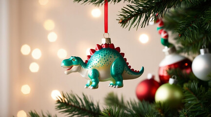 Fototapeta premium A colorful dinosaur ornament hangs on a Christmas tree, surrounded by festive decorations and warm lights, adding a playful touch to the holiday atmosphere.