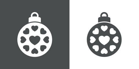 Decoración de Navidad. Logo con silueta de bola de navidad con grupo de corazones en marco circular para tarjetas y felicitaciones