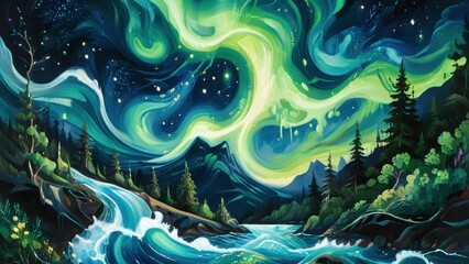 A mesmerizing northern lights scene illuminates a tranquil river surrounded by lush evergreen trees and majestic mountains, inviting viewers into a magical nightscape
