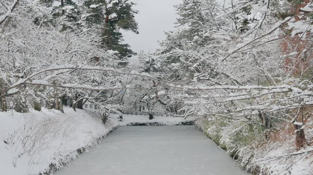 snow fall with tree branches and river in winter season at  Hirosaki Castle or Takaoka Castle and red bridge , located in Hirosaki city, Aomori Prefecture, Tohoku, Japan. 