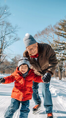 Asian Grandfather and Grandson Enjoying a Fun Day Ice Skating in the Snowy Outdoors, Concept of Family Bonding, Winter Activities, and Multigenerational Joy. Vertical