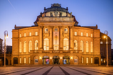 Facade of the Opera House  in Chemnitz, located in the Theater Square during the blue hour of autumn season.