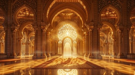 Fototapeta premium Sunlight streams through intricate golden arches in a grand hall with ornate patterns and rich decor, casting warm, mystical shadows on the polished floor