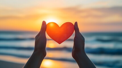 Fototapeta premium Hands holding red paper heart silhouetted against orange sunset sky and ocean horizon, copy space