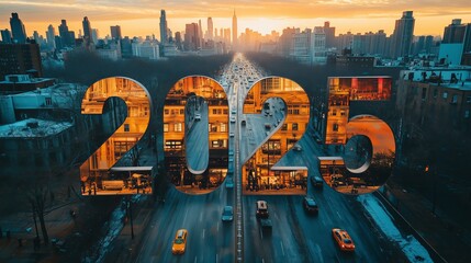 2025 new year. Illuminated 2025 Neon Light Display Against Evening City Backdrop Festivity Celebration Banner Urban Landscape Twilight Glow Vibrant Red Numerals New Year. 3d rendering