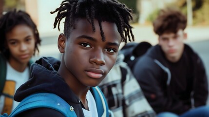 Serious black teenage student wearing blue backpack in close-up portrait with diverse classmates blurred in background, copy space