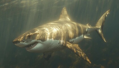 Fototapeta premium scary great white shark swimming underwater in its natural habitat, Great white shark, underwater predator, 