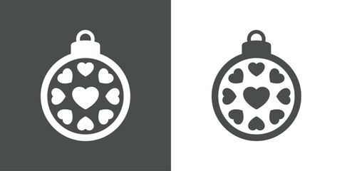 Decoración de Navidad. Logo con silueta de bola de navidad con grupo de corazones en marco circular para tarjetas y felicitaciones