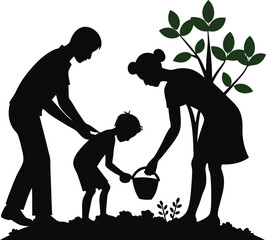 family planting a tree silhouette vector