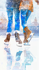 Watercolor Art of Couple Ice Skating Leg View in Winter Wonderland Scene. Concept of Romance, Outdoor Activities, Seasonal Joy, and Winter Adventure. Vertical