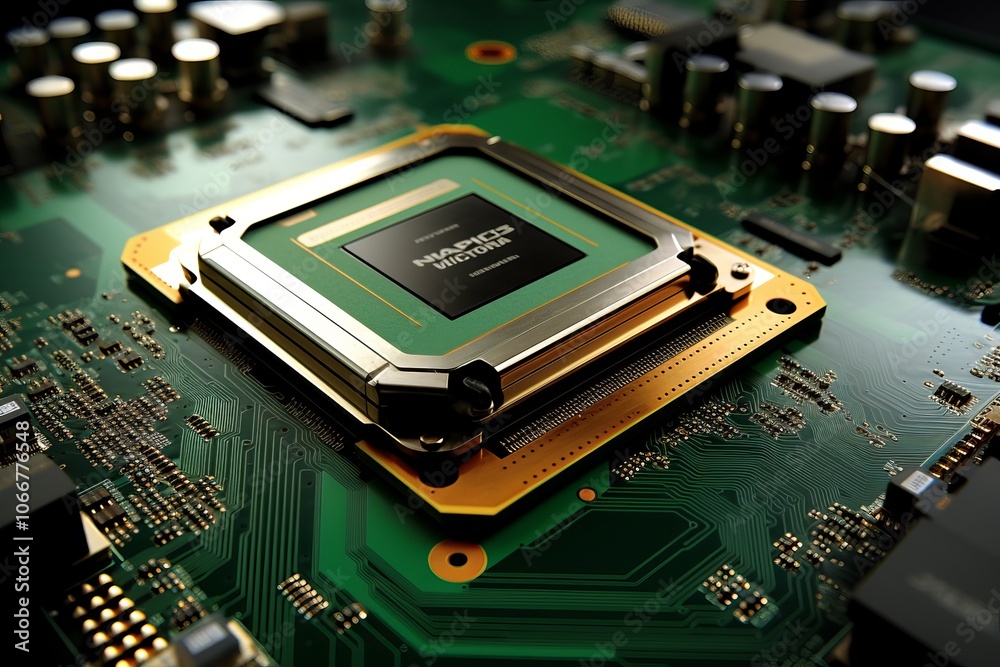 Poster a close-up view of a high-performance microprocessor on a printed circuit board at a tech facility