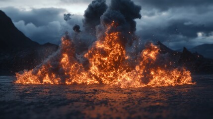Eruption of Flames and Smoke Over Water Surface