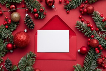 Obraz premium A blank white card and red envelope arranged on a festive red background, bordered by green pine branches, red berries, and baubles. Ideal for Christmas greetings and holiday invitations.