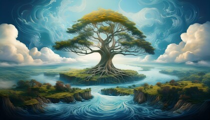 Surreal painting of a tree with branches that transform into rivers, flowing into a dreamlike landscape with floating islands and clouds
