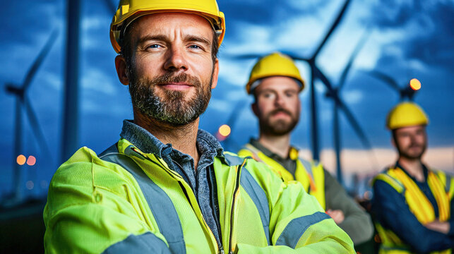 Skilled technicians in safety gear stand confidently near wind turbines, showcasing teamwork and dedication to renewable energy. Their bright helmets and vests highlight their commitment to safety