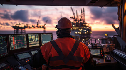 Obraz premium control room operator monitors offshore oil rigs during stunning sunset. scene captures blend of technology and nature, highlighting importance of safety and precision in industry