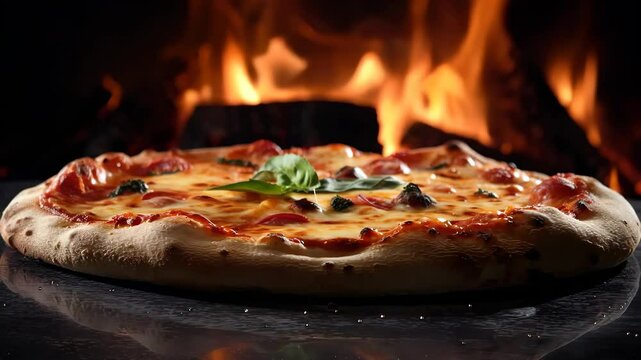 Fresh baked pizza close-up, traditional wood fired oven.