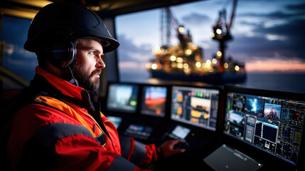 Fototapeta premium image depicts control room operator focused on monitoring operations, with offshore oil rig illuminated in background, showcasing blend of technology and industry