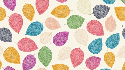 A colorful pattern of various leaf shapes in different colors, creating a vibrant and artistic design suitable for backgrounds or decor.